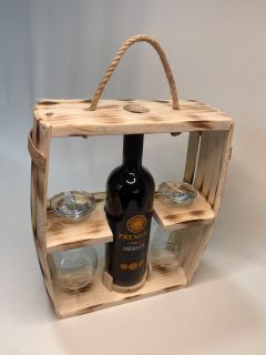 Suport din lemn pentru vin și 2 pahare